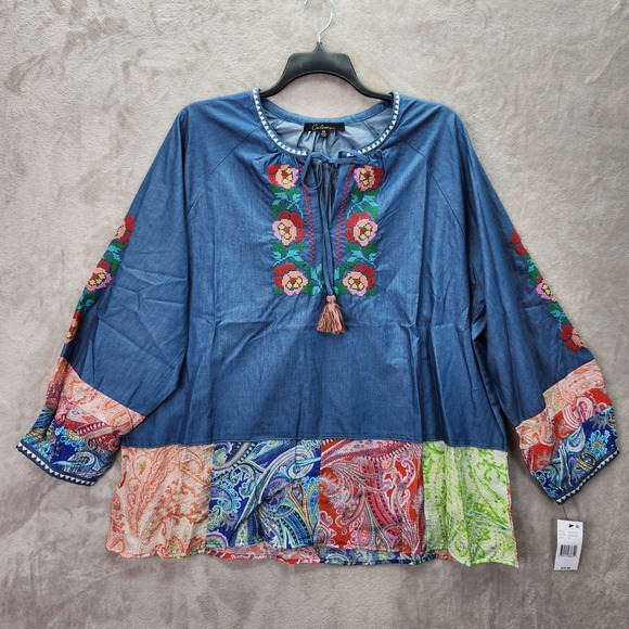 Calessa Tops - Calessa Women XL Indigo Embroidered Floral Patchwork Tassel Tie Neck Tunic New
